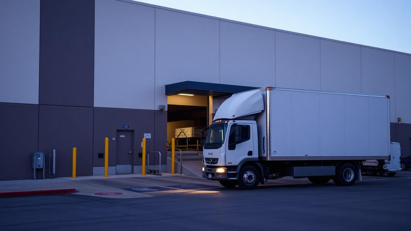 Commercial box truck at a warehouse loading dock in Southern California